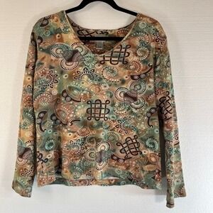 Chicos Top Womens Size 2 Brown Green V Neck Long Sleeve Cotton Casual Boho‎